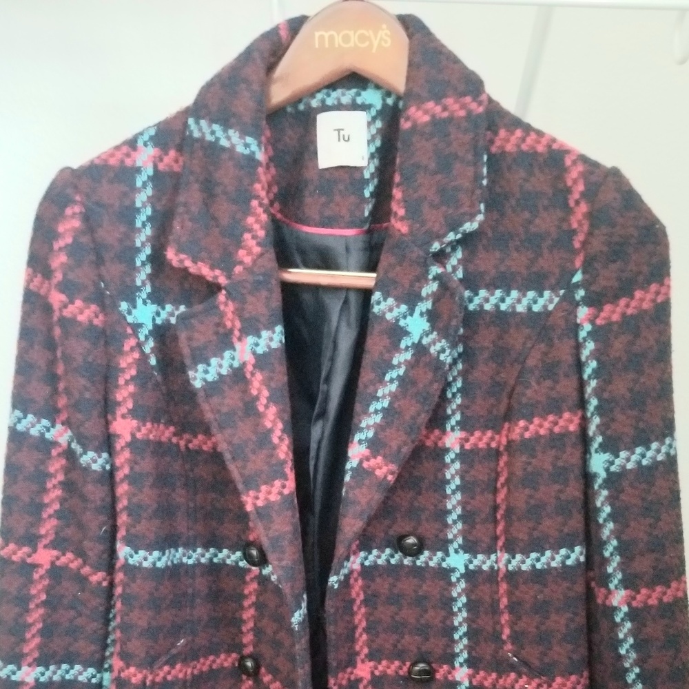 Tu Red and Blue Plaid Wool Coat Size M